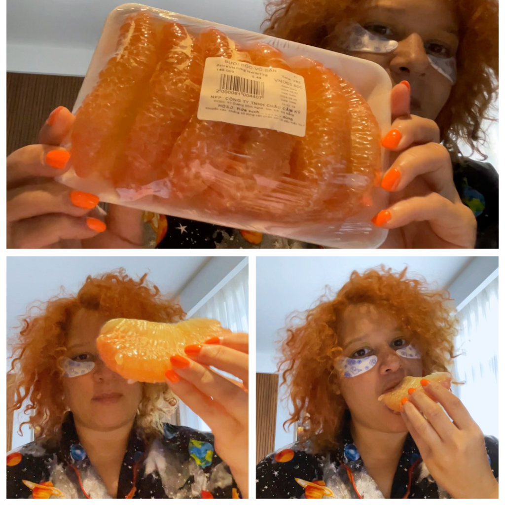 three image collage of author eating pomelo fruit